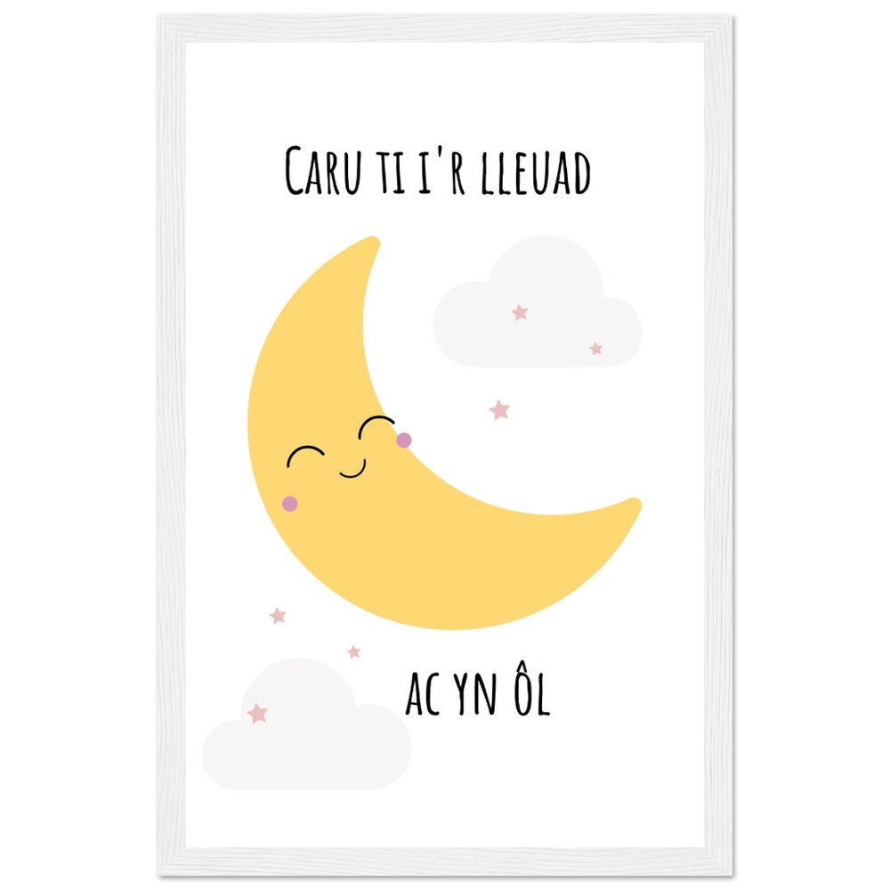 'Caru ti i'r lleuad ac yn ol' Wooden Framed Wallart | Print Cymraeg (Pinc)