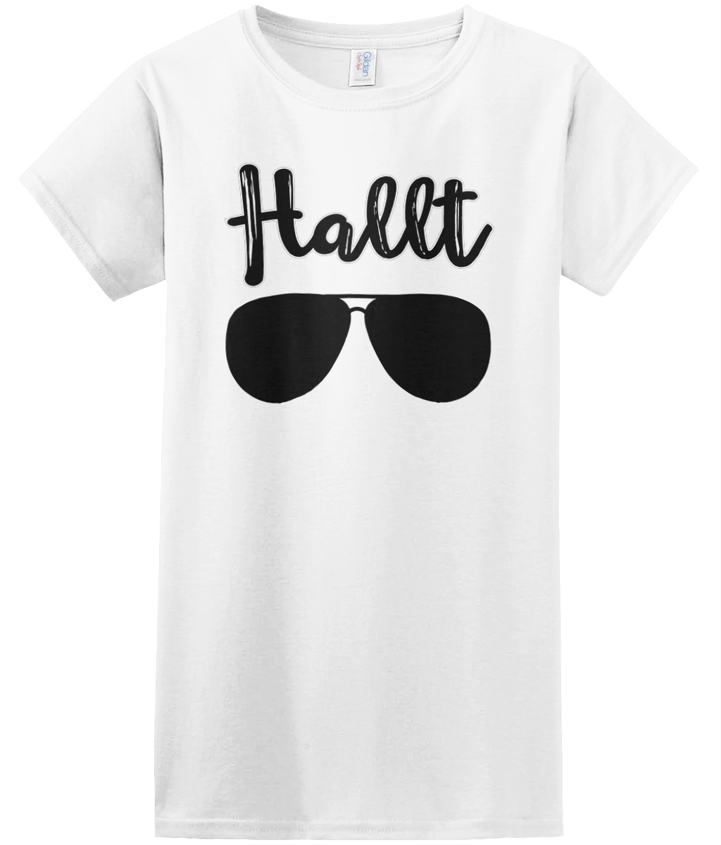 Hallt Women's T-Shirt in white featuring 'Hallt' text and sunglasses design – Welsh salty tee
