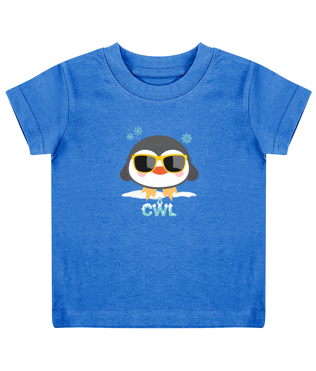 Cŵl Penguin Welsh Child's T-Shirt in Royal Blue featuring a penguin design and 'Cŵl' text