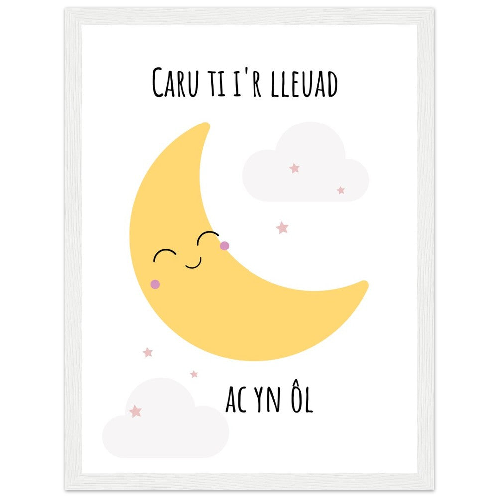 'Caru ti i'r lleuad ac yn ol' Wooden Framed Wallart | Print Cymraeg (Pinc)