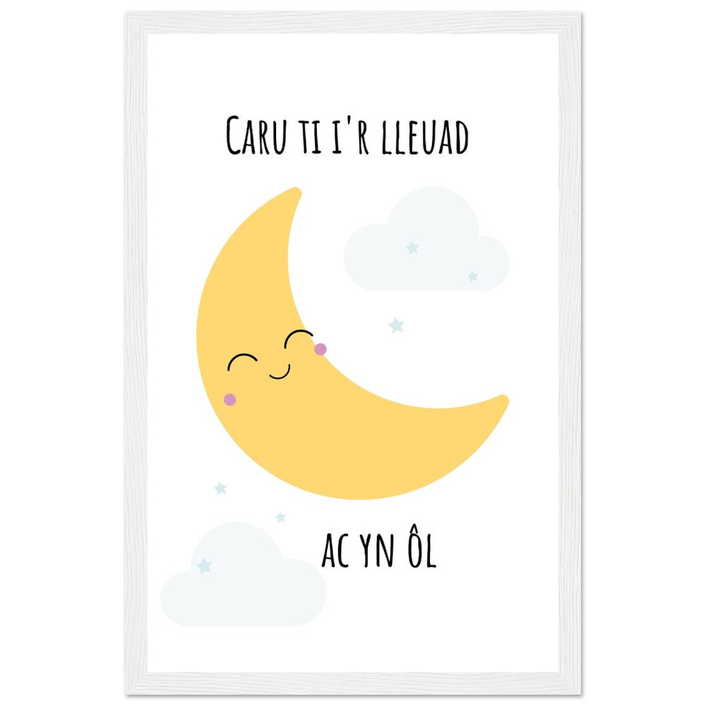 'Caru ti i'r lleuad ac yn ol' Wooden Framed Wallart | Welsh Print (blue)
