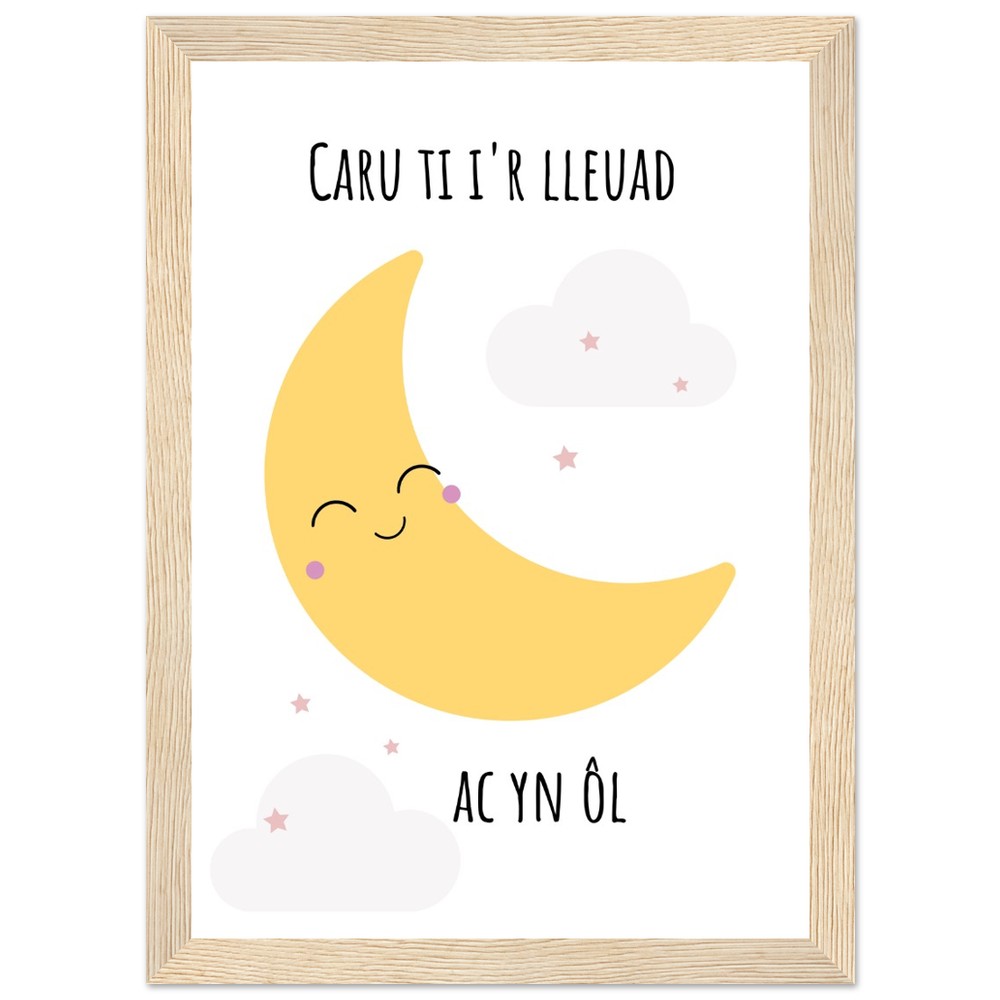 'Caru ti i'r lleuad ac yn ol' Wooden Framed Wallart | Print Cymraeg (Pinc)