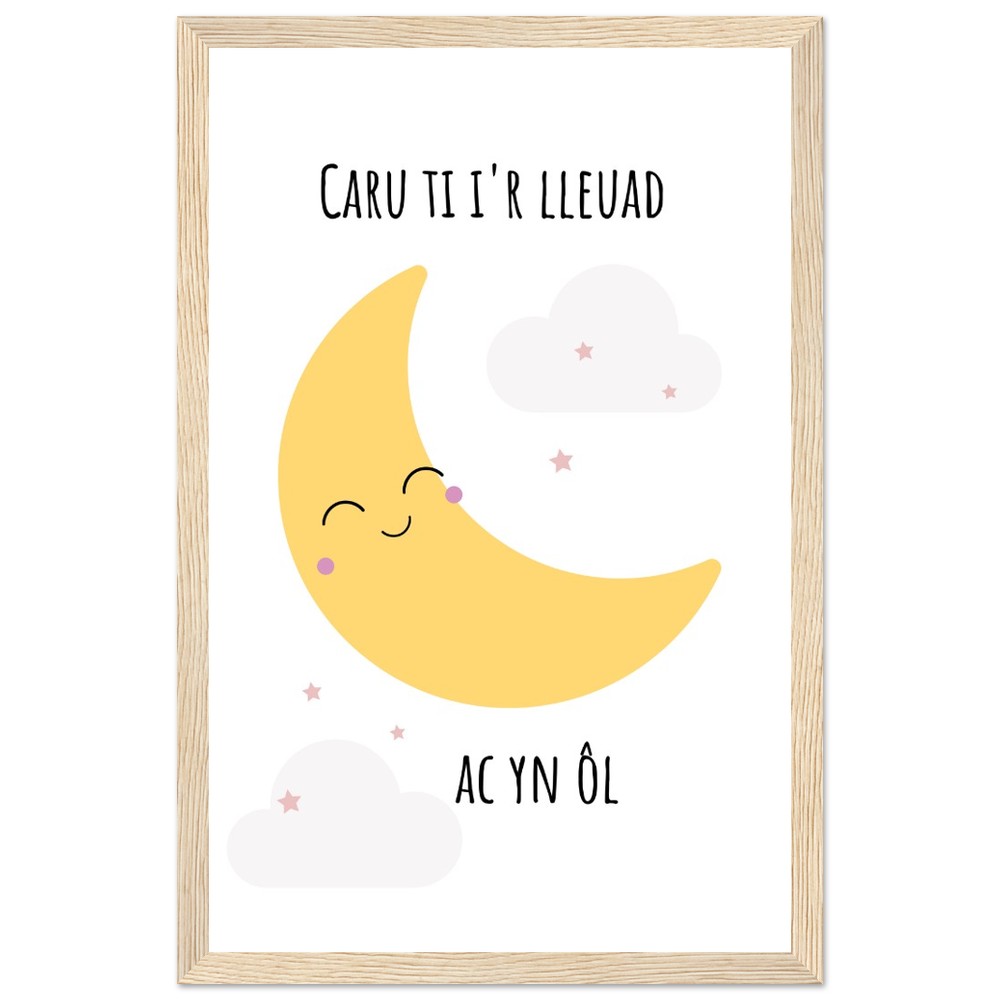 'Caru ti i'r lleuad ac yn ol' Wooden Framed Wallart | Print Cymraeg (Pinc)