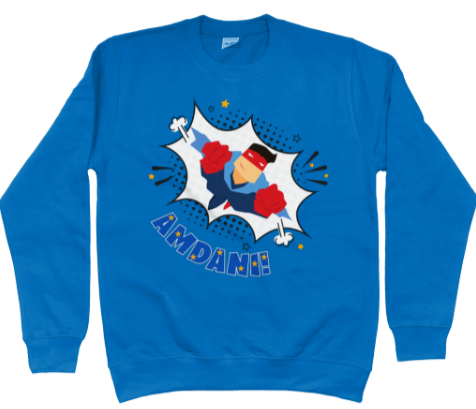 Children's sweatshirt in blue with a colorful front graphic print featuring a superhero character and the Welsh word 'amdani'.