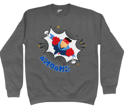 Children's sweatshirt in gray with a colorful front graphic print featuring a superhero character and the Welsh word 'amdani'.