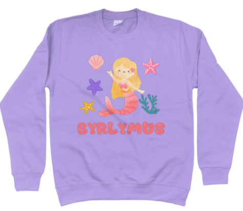 A child wearing a purple sweatshirt with the text 'BYRLYMUS' and a mermaid graphic.