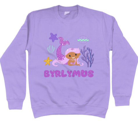 Purple sweatshirt with the text 'BYRLYMUS' and a mermaid graphic.