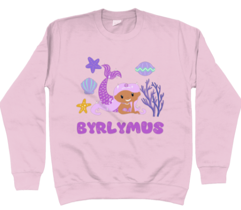 A child wearing a purple sweatshirt with the text 'BYRLYMUS' and a mermaid graphic.