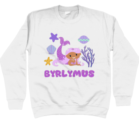 White sweatshirt with the text 'BYRLYMUS' and a mermaid graphic.