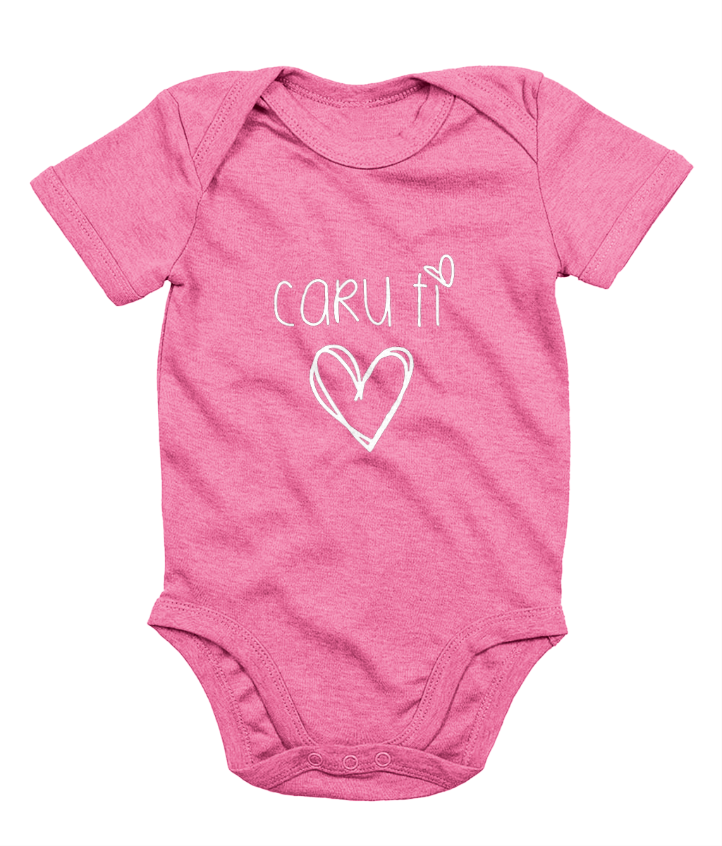 A blue babygrow with the phrase 'CARU TI' printed in white, resembling a simple heart design.