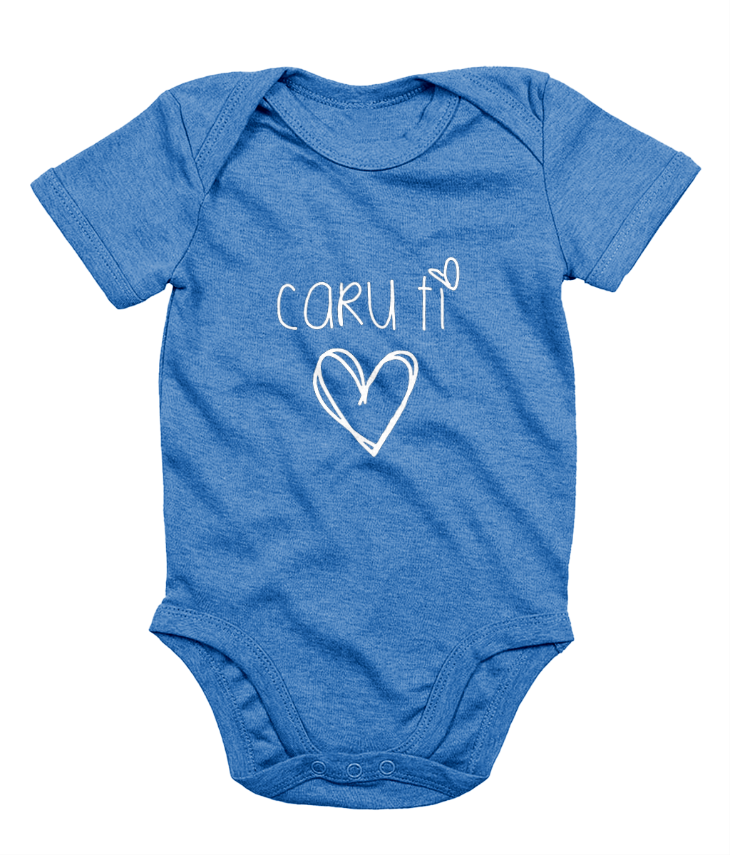 A blue babygrow with the phrase 'CARU TI' printed in white, resembling a simple heart design.