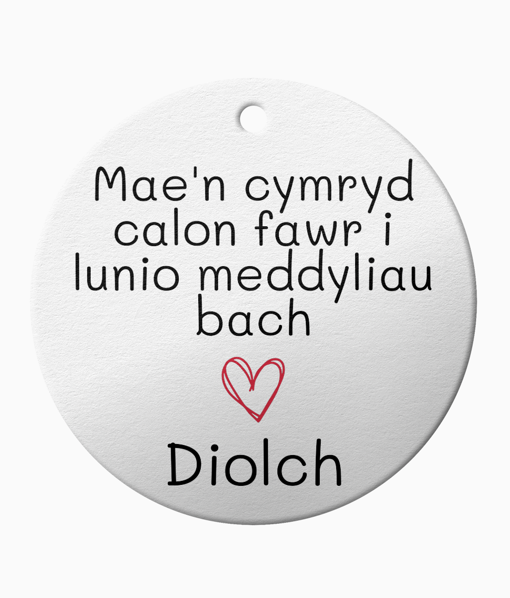 A white ceramic ornament with the Welsh phrase 'Mae'n cymryd calon fawr i lunio meddyliau fach' which translates to 'It takes a big heart to shape little minds', and the word 'Diolch' meaning 'thank you'.