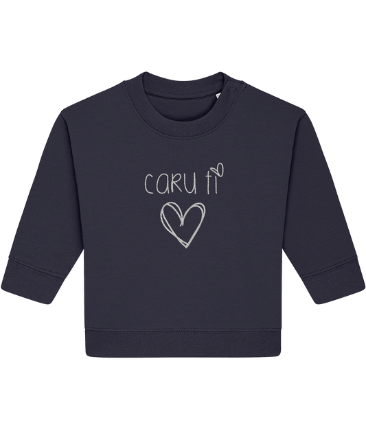 A navy blue toddler sweatshirt with the text 'caru ti' embroidered on the front, representing a Welsh expression of 'love you'. There is a heart symbol below the text.