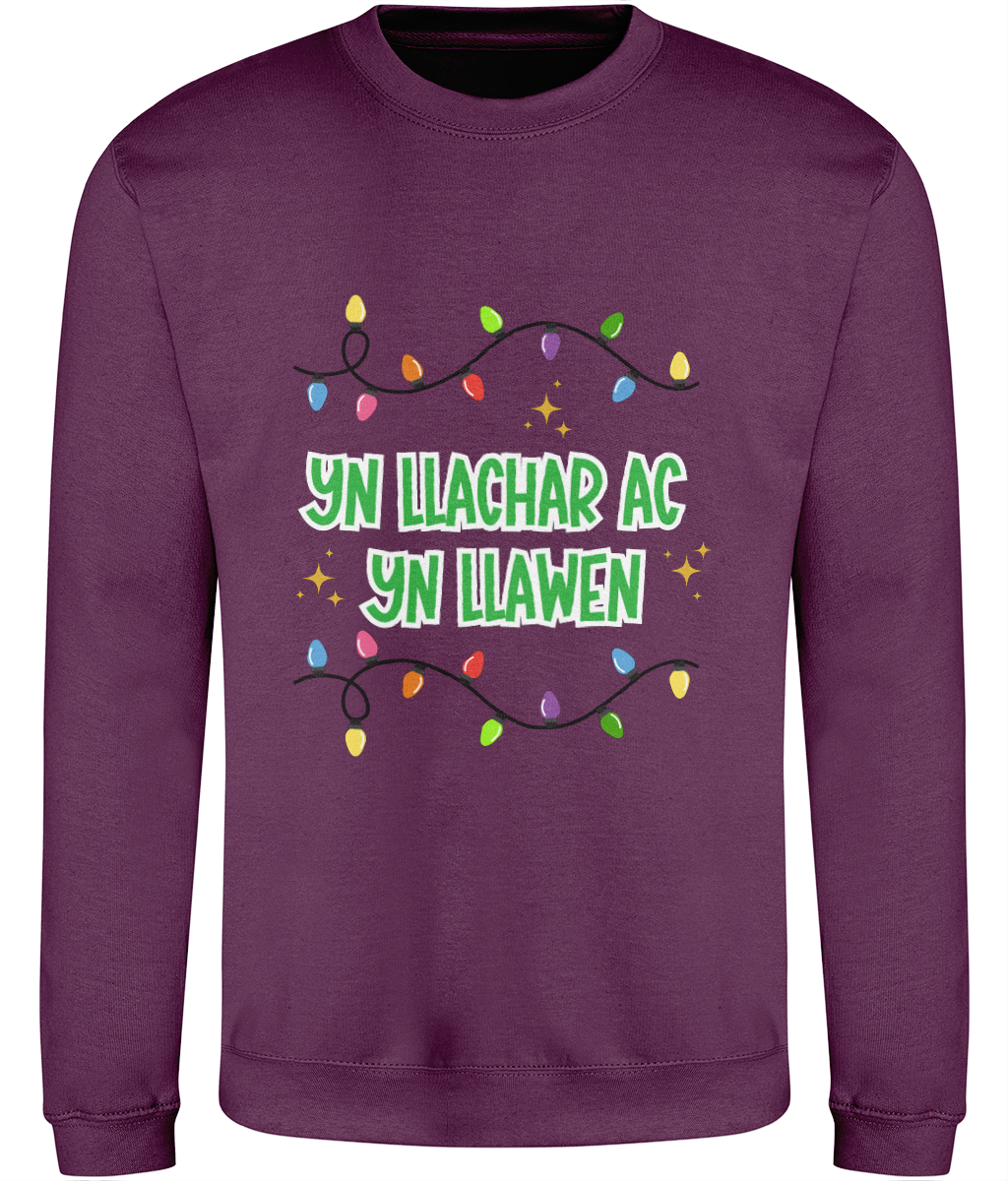 Christmas sweatshirt with the text 'Yn Llachar ac Yn Llawen'