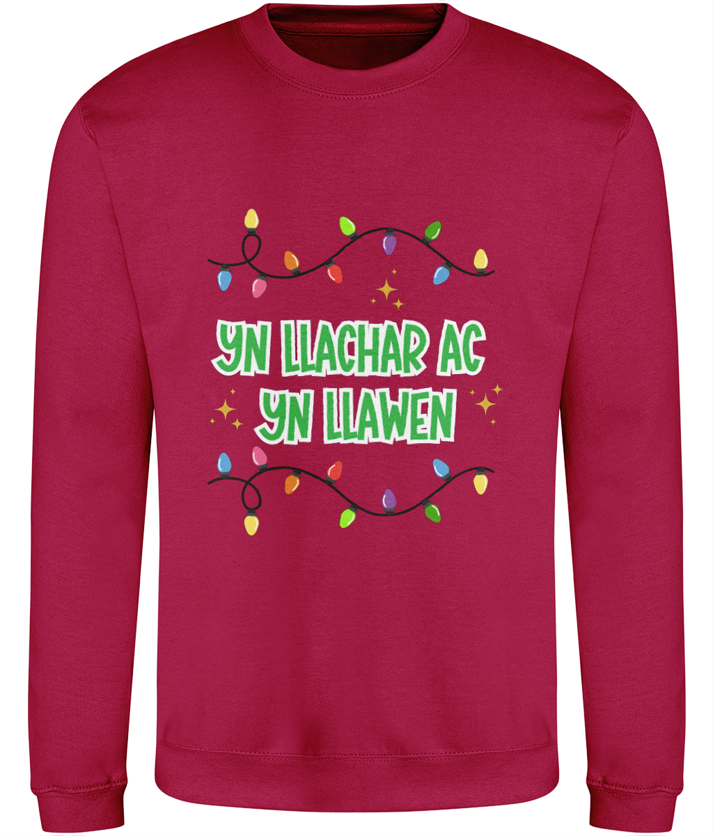 Red Christmas sweatshirt with the text 'Yn Llachar ac Yn Llawen'