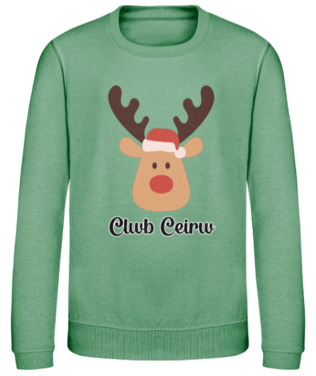 Green Christmas sweatshirt with 'Club Ceirw' text and a reindeer graphic