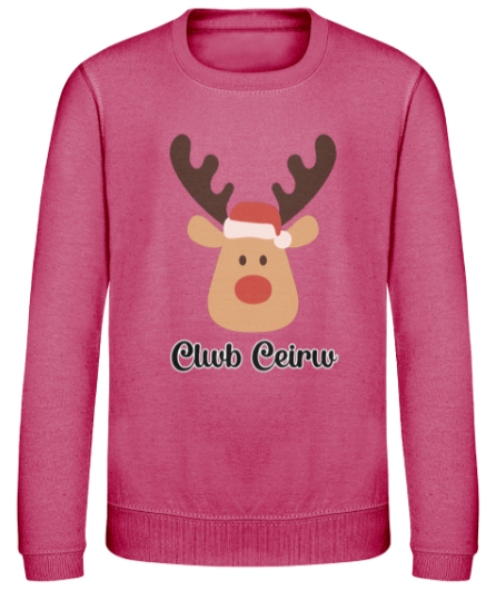 Red Christmas sweatshirt with 'Club Ceirw' text and a reindeer graphic