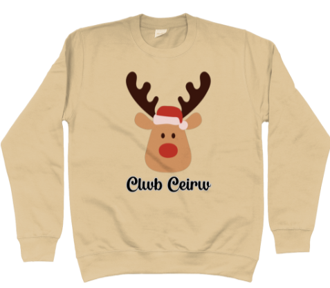 Sand Christmas sweatshirt with 'Club Ceirw' text and a reindeer graphic
