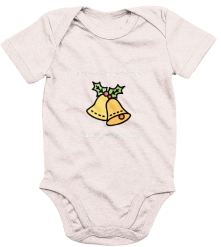 A pink babygrow with the text 'Clychau Santa Clôs' printed on it, featuring a graphic of Santa's bells.