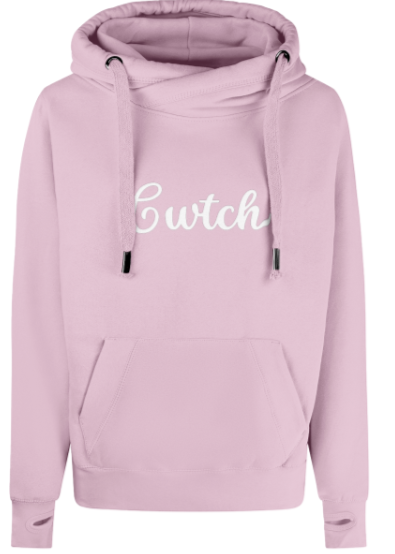 Pink hoodie with 'Cwtch' text on a white background
