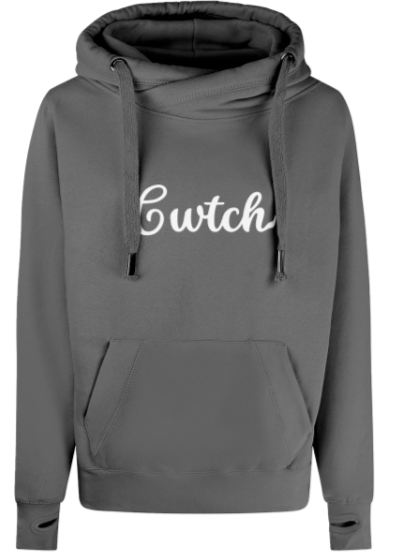 Gray hoodie with 'Cwtch' text on a white background