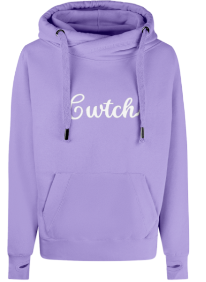 Purple hoodie with 'Cwitch' text on a white background