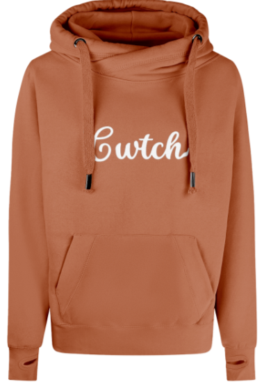 Burnt orange hoodie with 'Cwtch' text on a white background