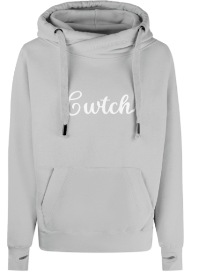 Gray hoodie with 'Cwtch' text on a white background