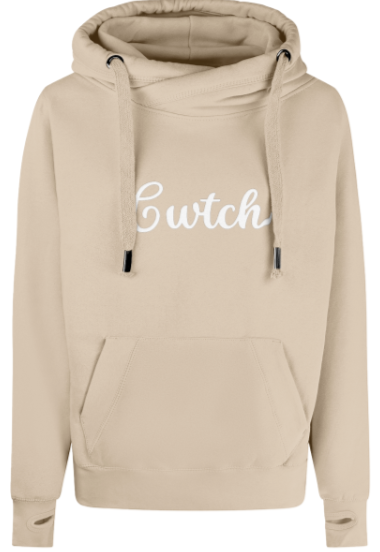 Beige hoodie with 'Cwtch' text on a white background