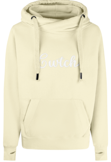 Beige hoodie with 'Cwtch' text on a white background