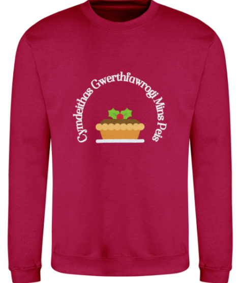 Red sweatshirt with a pie graphic and text on a white background