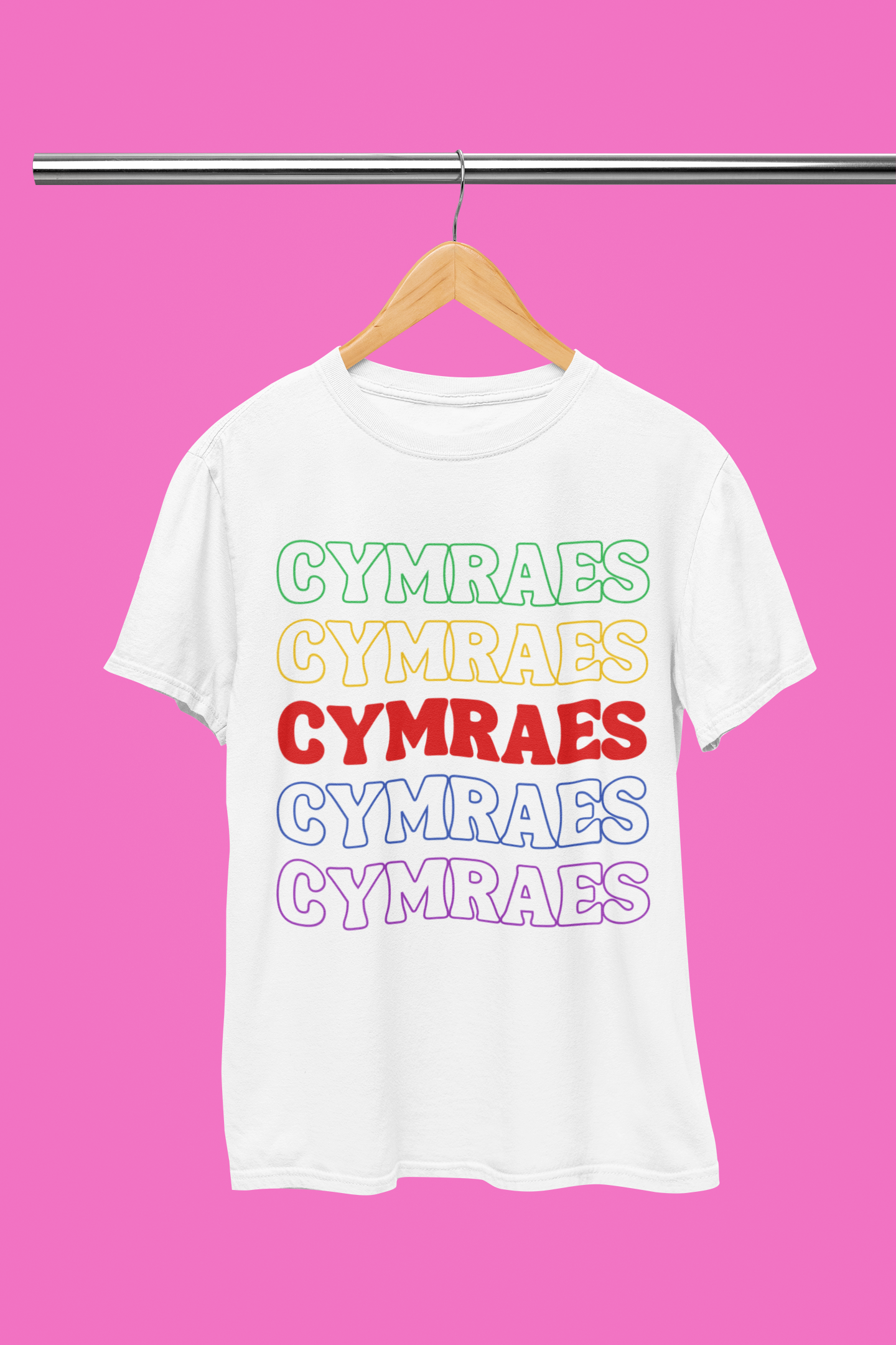 Cymraes rainbow repeat t-shirt on a hanger