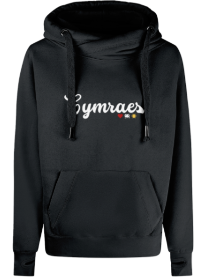 Black hoodie with 'Cymraes' text on a white background
