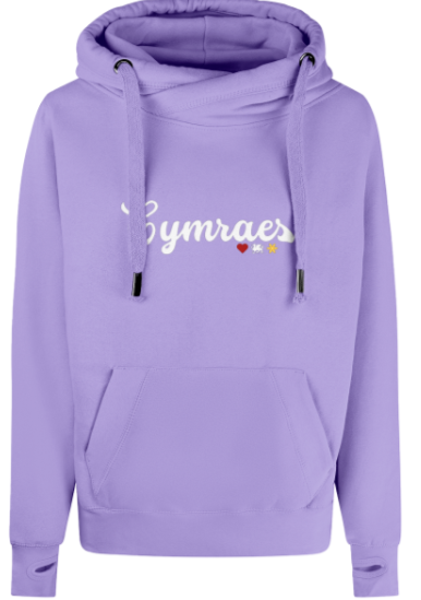 Purple hoodie with 'Cymraes' text and heart designs on a white background