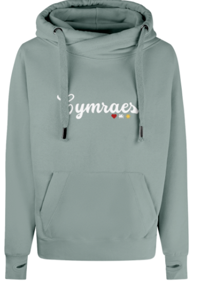 Green hoodie with 'Cymraes' text and heart designs on a white background