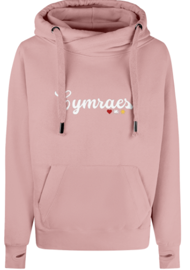 Pink hoodie with 'Cymraes' text on a white background