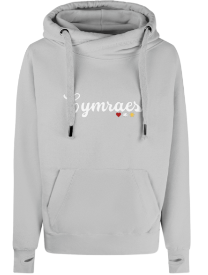 Gray hoodie with 'Gymraes' text and heart designs on a white background