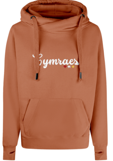 Burnt orange hoodie with 'Cymraes' text on a white background
