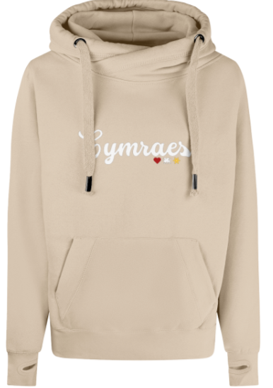 Beige hoodie with 'Cymraes' text and heart design on a white background