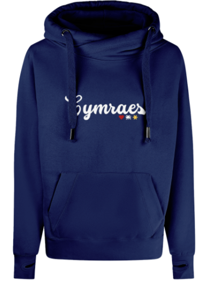 Navy blue hoodie with 'Cymraes' text on a white background