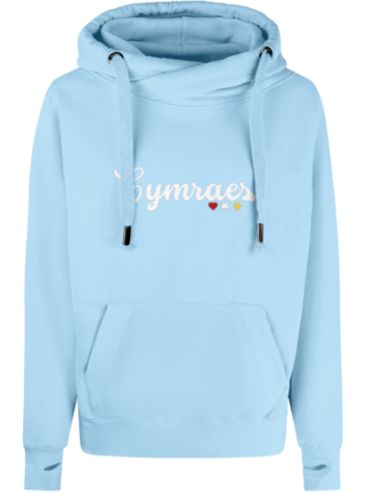 Light blue hoodie with 'Cymraes' text on a white background