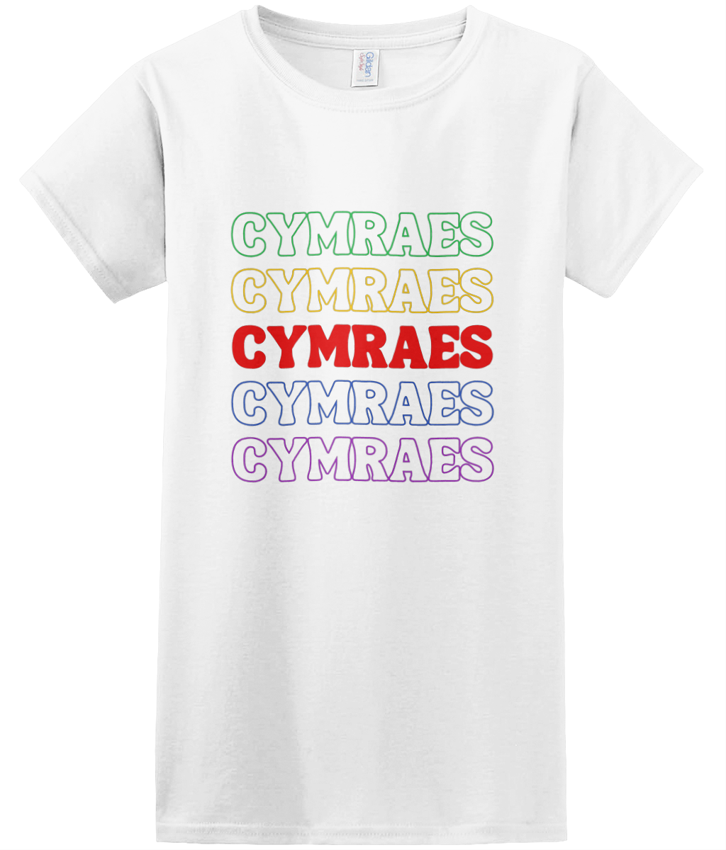 Cymraes Rainbow Repeat Women's T-Shirt featuring a vibrant rainbow design.