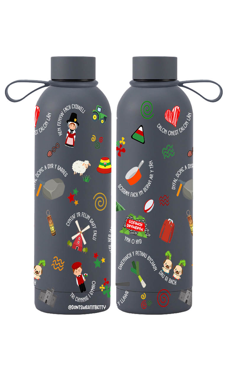 Grey water bottle showing both sides of the Cymru design on a white background