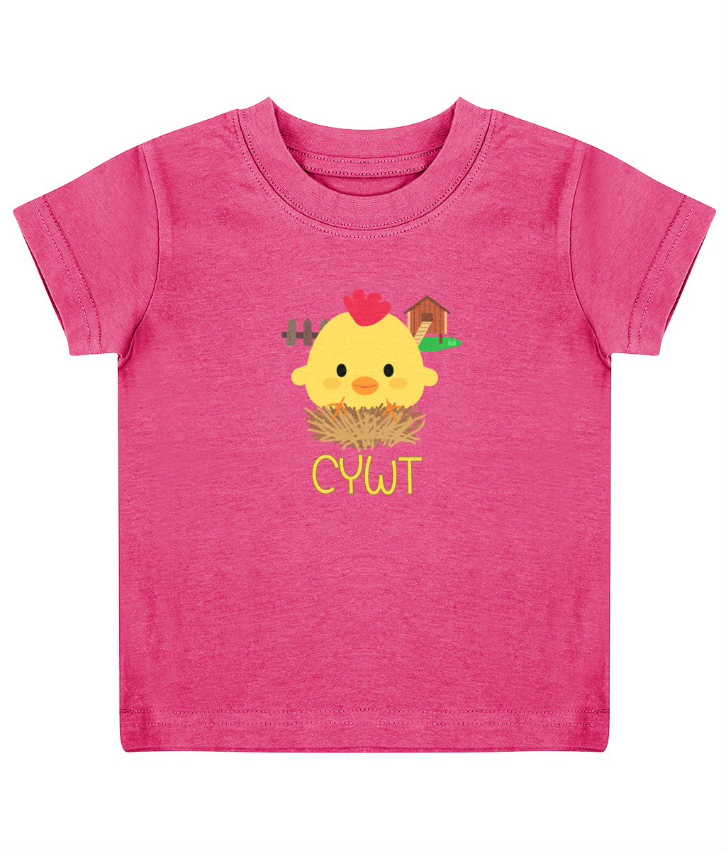 Cywt Welsh Child's T-Shirt in Fuschia featuring a cute animal design and 'Cywt' text.