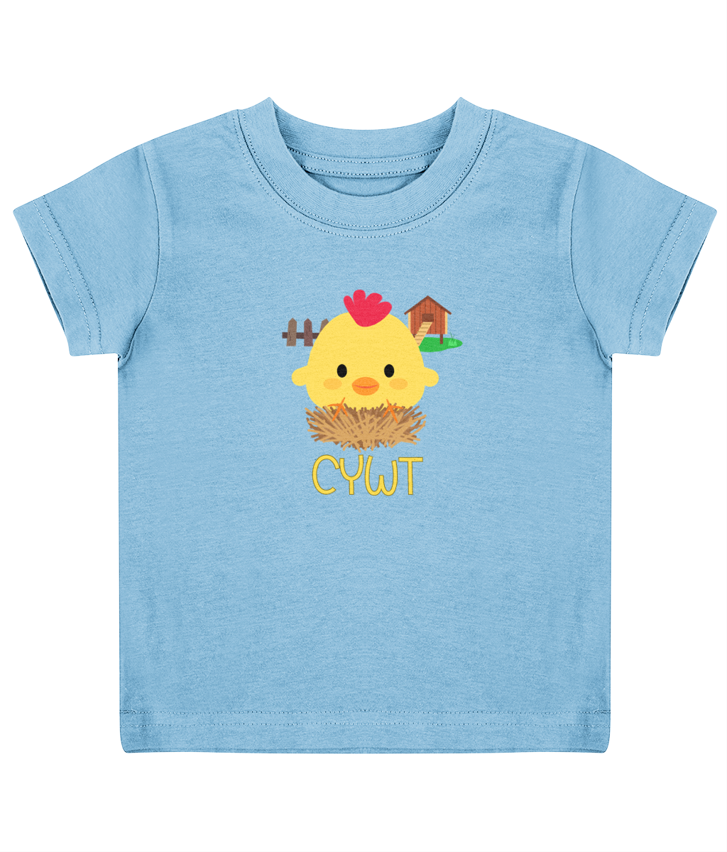 A blue child's T-shirt with a graphic of a cute animal and the text 'CYWT' on the front.