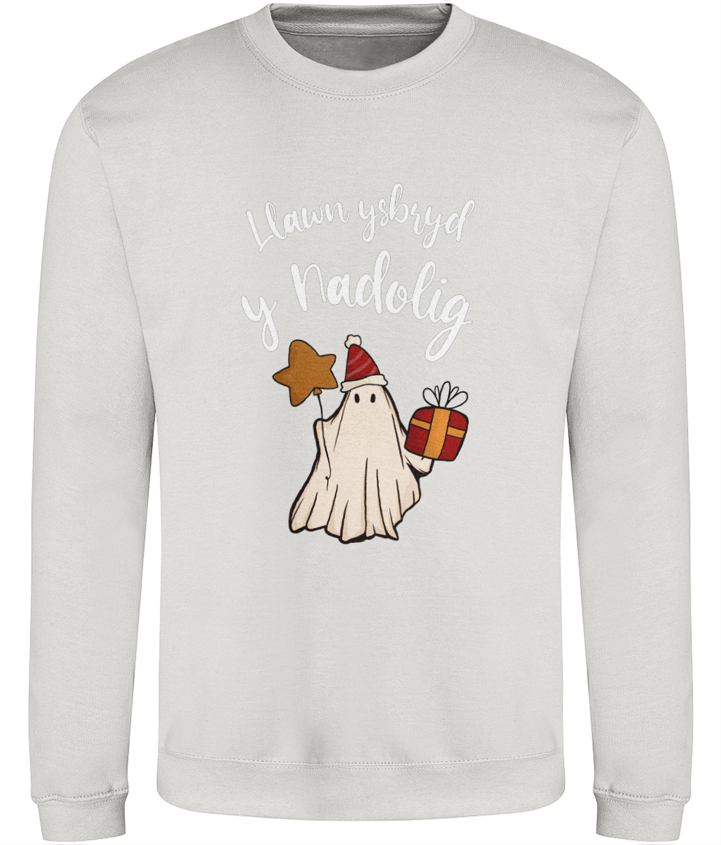 Christmas sweatshirt with a playful design of a ghost wrapped in festive gear