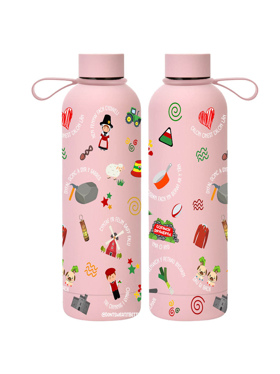 Pink water bottle showing both sides of the Cymru design on a white background