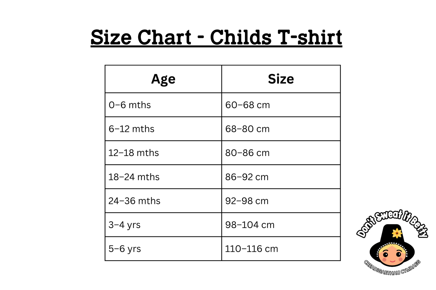 Child's t-shirt size chart with age and size measurements