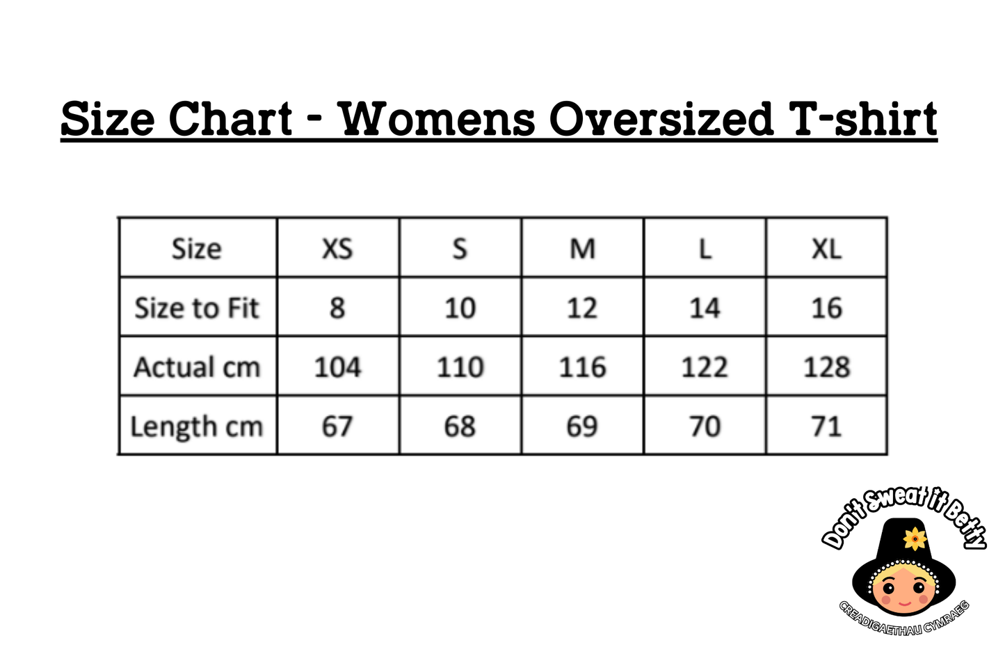 Size chart for women's oversized t-shirts with measurements in centimeters.