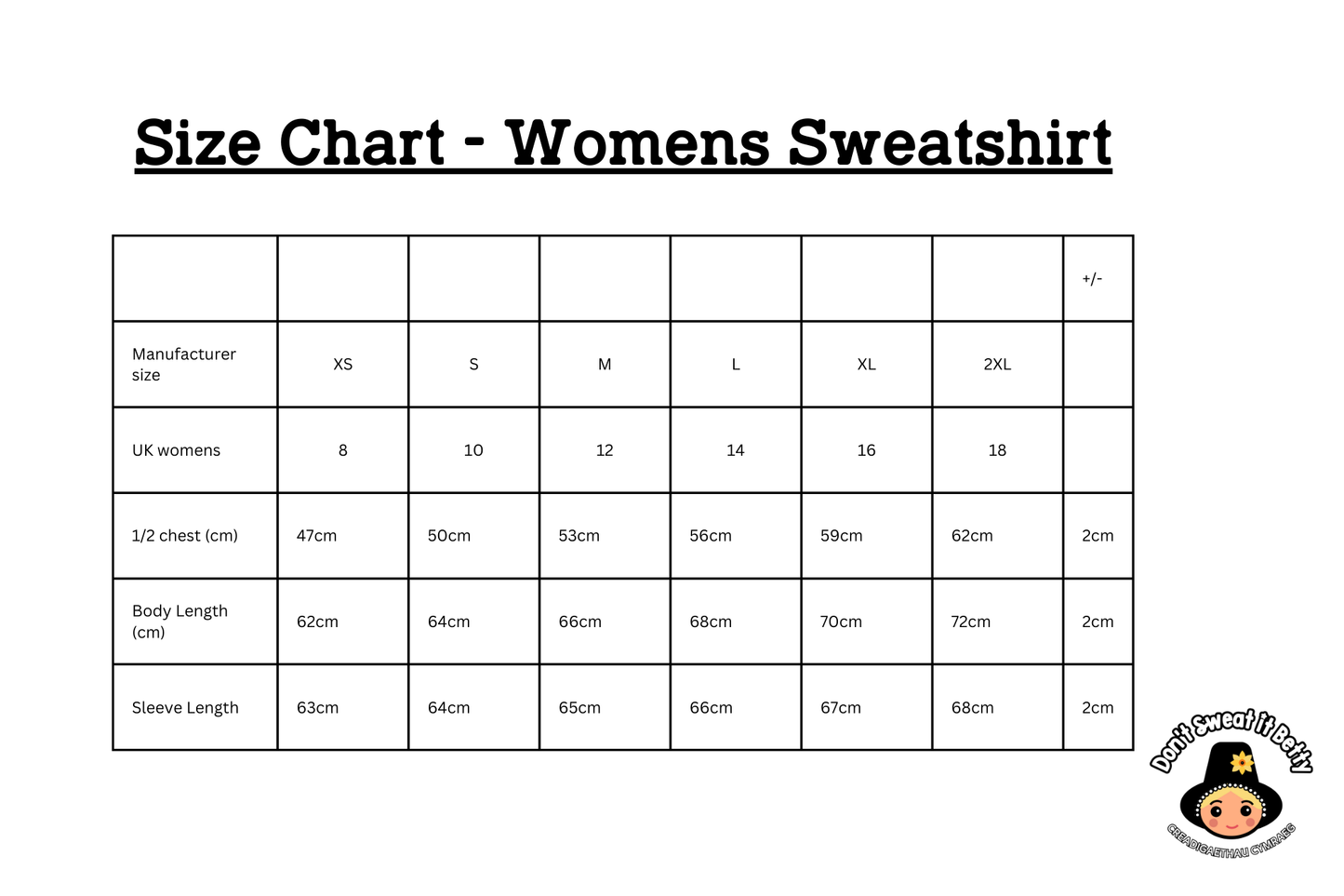 Size chart for women's sweatshirts with measurements in centimeters and inches.